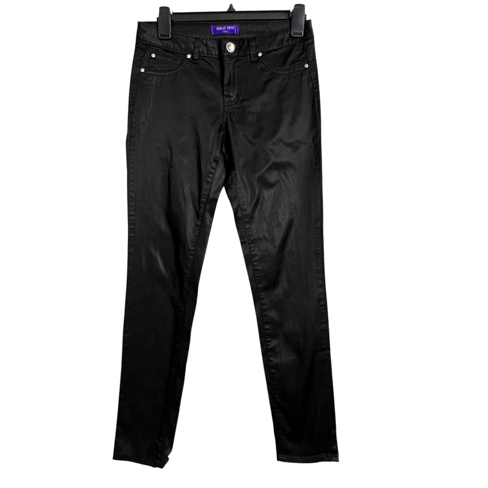 Emilio Pepe Satin Skinny Jeans 5 (27) Black Rhinestone Stretch Rock Whimsigoth